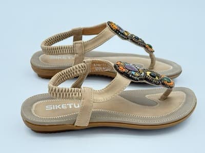 SIKETU Beaded Boho Thong Sandals Beige Multi-Stone Women Sz 37/7 - Thumbnail 2
