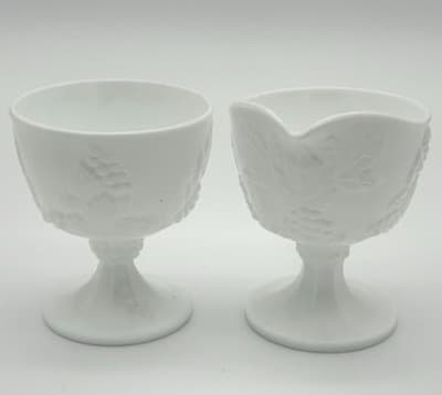 Vintage Milk Glass Grapevine Pattern Footed Creamer and Sugar Bowl Set - Image 1