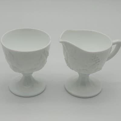 Vintage Milk Glass Grapevine Pattern Footed Creamer and Sugar Bowl Set - Thumbnail 3