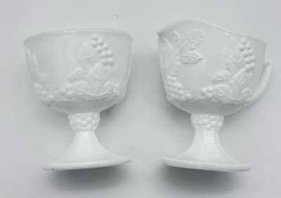 Vintage Milk Glass Grapevine Pattern Footed Creamer and Sugar Bowl Set - Thumbnail 5