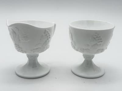 Vintage Milk Glass Grapevine Pattern Footed Creamer and Sugar Bowl Set - Thumbnail 12