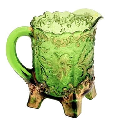 Antique Floradora Bohemian Emerald Green W/Gold Gilt EAPG Creamer US Glass Co - Thumbnail 2