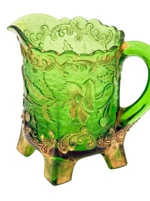 Antique Floradora Bohemian Emerald Green W/Gold Gilt EAPG Creamer US Glass Co - Thumbnail 5