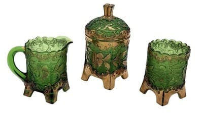 Antique Floradora Bohemian Emerald Green W/Gold Gilt EAPG Creamer US Glass Co - Thumbnail 14
