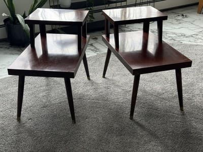 Vintage MCM Pair Two-Tier End Tables Mid Century Modern Brass Legs - Image 1
