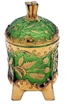 VTG Bohemian Emerald Floradora Green W/Gold Gilt 3-Footed Lidded Sugar Bowl Jar - Thumbnail 2