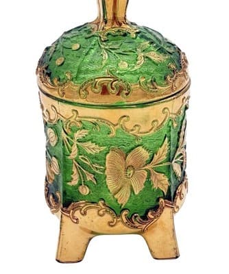 VTG Bohemian Emerald Floradora Green W/Gold Gilt 3-Footed Lidded Sugar Bowl Jar - Image 1