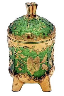 VTG Bohemian Emerald Floradora Green W/Gold Gilt 3-Footed Lidded Sugar Bowl Jar - Thumbnail 3