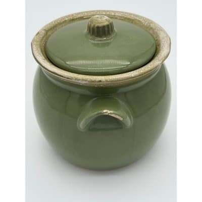 Vintage Hull Pottery Avocado Green Drip Glaze BeanPot/Crock/Jar w/Lid Oven Proof - Thumbnail 3