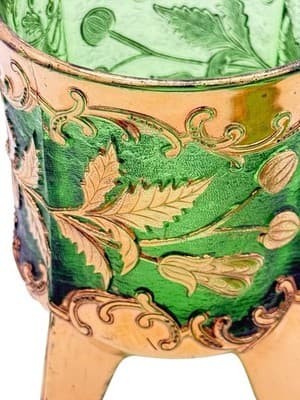 VTG Bohemian Emerald Floradora Green W/Gold Gilt 3-Footed Lidded Sugar Bowl Jar - Thumbnail 6