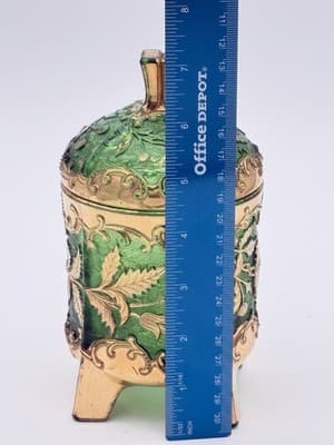 VTG Bohemian Emerald Floradora Green W/Gold Gilt 3-Footed Lidded Sugar Bowl Jar - Thumbnail 11