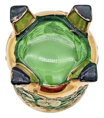 VTG Bohemian Emerald Floradora Green W/Gold Gilt 3-Footed Lidded Sugar Bowl Jar - Thumbnail 10
