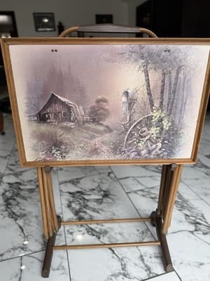 Vintage Set of 4 Andres Orpinas Folding TV Tray Tables - Barn Farm Scene - Thumbnail 9