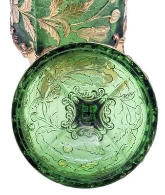 VTG Bohemian Emerald Floradora Green W/Gold Gilt 3-Footed Lidded Sugar Bowl Jar - Thumbnail 9