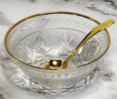 Vintage Cut Glass Crystal Bowl with Gold Rim & Matching Gold Spoon Serving Dish - Image 1