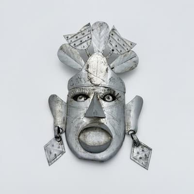 Vintage Mexican Tin Metal Wall Mask Folk Art Headdress Eyelashes Decor - Image 1
