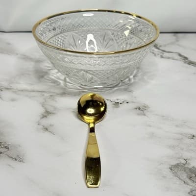 Vintage Cut Glass Crystal Bowl with Gold Rim & Matching Gold Spoon Serving Dish - Thumbnail 5