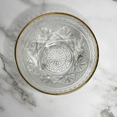 Vintage Cut Glass Crystal Bowl with Gold Rim & Matching Gold Spoon Serving Dish - Thumbnail 2