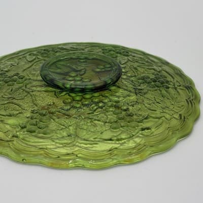 Antique Imperial Glass Footed Bowl & Plate In Carnival Helios Green W/Grapes - Thumbnail 8