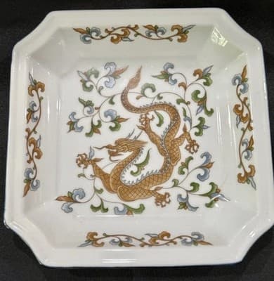 Andrea by Sadek Japanese Dragon 8” Square Plate W Cobalt Trim Hand Painted VTG