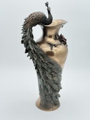 Veronese Bronze Hand Painted Prunus And Peacock Large Decorative Vase 19.5"