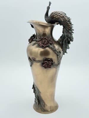 Veronese Bronze Hand Painted Prunus And Peacock Large Decorative Vase 19.5" - Thumbnail 6