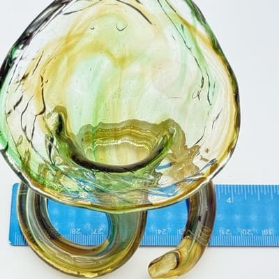 Murano-Style Hand-Blown Green Amber Swirl Art Glass Coiled Base Lilly Vase VTG - Thumbnail 8