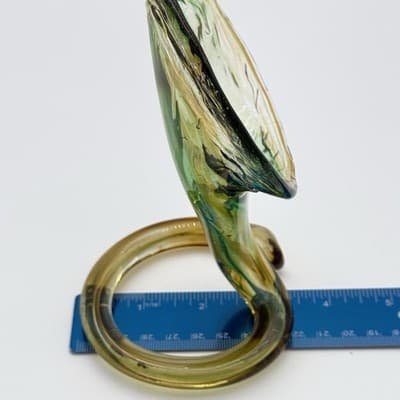 Murano-Style Hand-Blown Green Amber Swirl Art Glass Coiled Base Lilly Vase VTG - Thumbnail 10