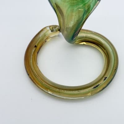 Murano-Style Hand-Blown Green Amber Swirl Art Glass Coiled Base Lilly Vase VTG - Thumbnail 6