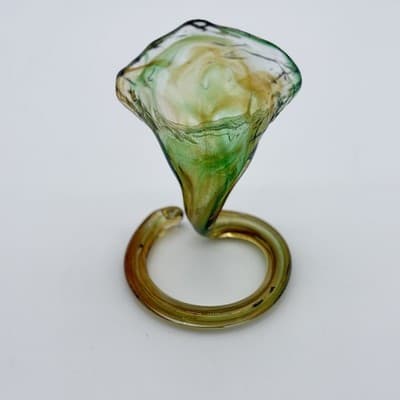 Murano-Style Hand-Blown Green Amber Swirl Art Glass Coiled Base Lilly Vase VTG - Thumbnail 4