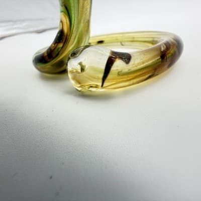Murano-Style Hand-Blown Green Amber Swirl Art Glass Coiled Base Lilly Vase VTG - Thumbnail 3