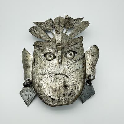 Vintage Mexican Tin Metal Wall Mask Folk Art Headdress Eyelashes Decor - Thumbnail 4