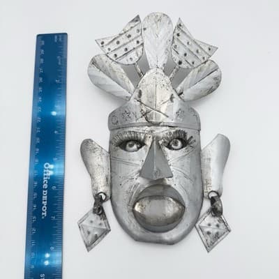 Vintage Mexican Tin Metal Wall Mask Folk Art Headdress Eyelashes Decor - Thumbnail 5