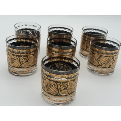 Set of 7 Georges Briard Town & Country Double Old Fashioned Glasses 22k Gold MCM