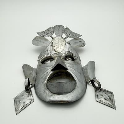 Vintage Mexican Tin Metal Wall Mask Folk Art Headdress Eyelashes Decor - Thumbnail 2