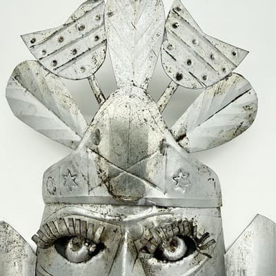 Vintage Mexican Tin Metal Wall Mask Folk Art Headdress Eyelashes Decor - Thumbnail 3