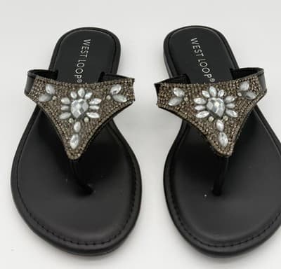West Loop Black Rhinestone Embellished Thong Flip Flop Sandals Sz S 5/6 - Image 1