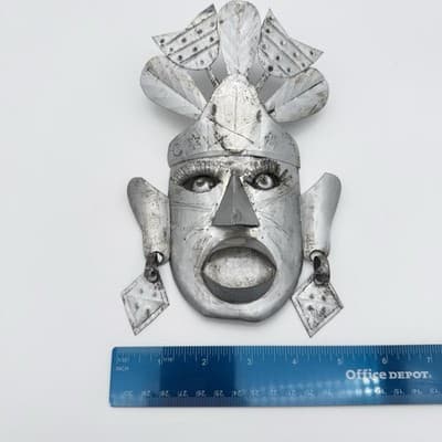 Vintage Mexican Tin Metal Wall Mask Folk Art Headdress Eyelashes Decor - Thumbnail 6