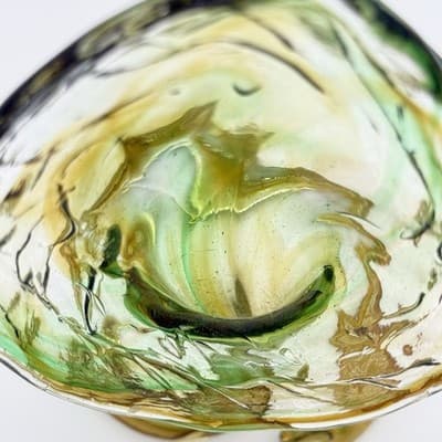 Murano-Style Hand-Blown Green Amber Swirl Art Glass Coiled Base Lilly Vase VTG - Thumbnail 7