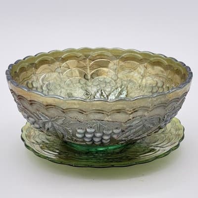 Antique Imperial Glass Footed Bowl & Plate In Carnival Helios Green W/Grapes