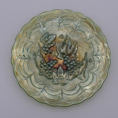 Antique Imperial Glass Footed Bowl & Plate In Carnival Helios Green W/Grapes - Thumbnail 7