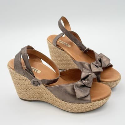 Paul Green Metallic Taupe Bow Espadrille Jute Wedge Sandals Size 6 (48432)
