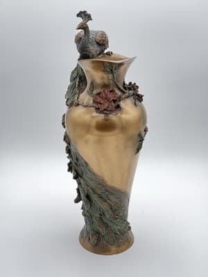 Veronese Bronze Hand Painted Prunus And Peacock Large Decorative Vase 19.5" - Thumbnail 2