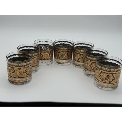 Set of 7 Georges Briard Town & Country Double Old Fashioned Glasses 22k Gold MCM - Thumbnail 2