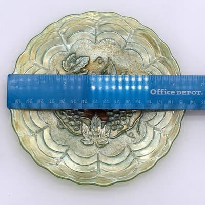 Antique Imperial Glass Footed Bowl & Plate In Carnival Helios Green W/Grapes - Thumbnail 9