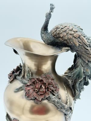 Veronese Bronze Hand Painted Prunus And Peacock Large Decorative Vase 19.5" - Thumbnail 3
