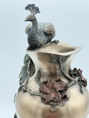 Veronese Bronze Hand Painted Prunus And Peacock Large Decorative Vase 19.5" - Thumbnail 4