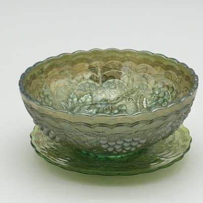 Antique Imperial Glass Footed Bowl & Plate In Carnival Helios Green W/Grapes - Thumbnail 2