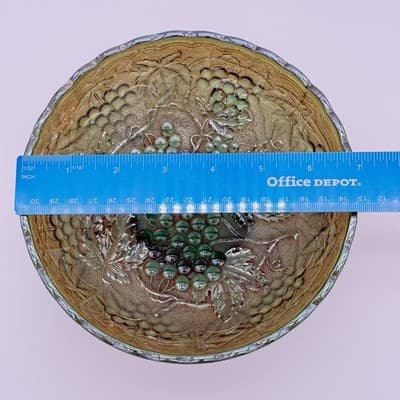 Antique Imperial Glass Footed Bowl & Plate In Carnival Helios Green W/Grapes - Thumbnail 10