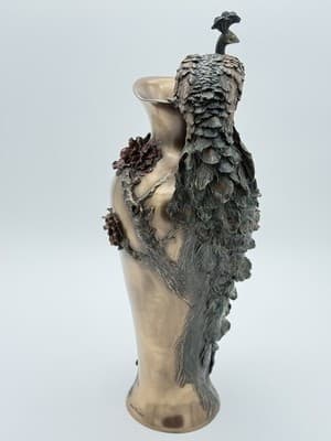 Veronese Bronze Hand Painted Prunus And Peacock Large Decorative Vase 19.5" - Thumbnail 5
